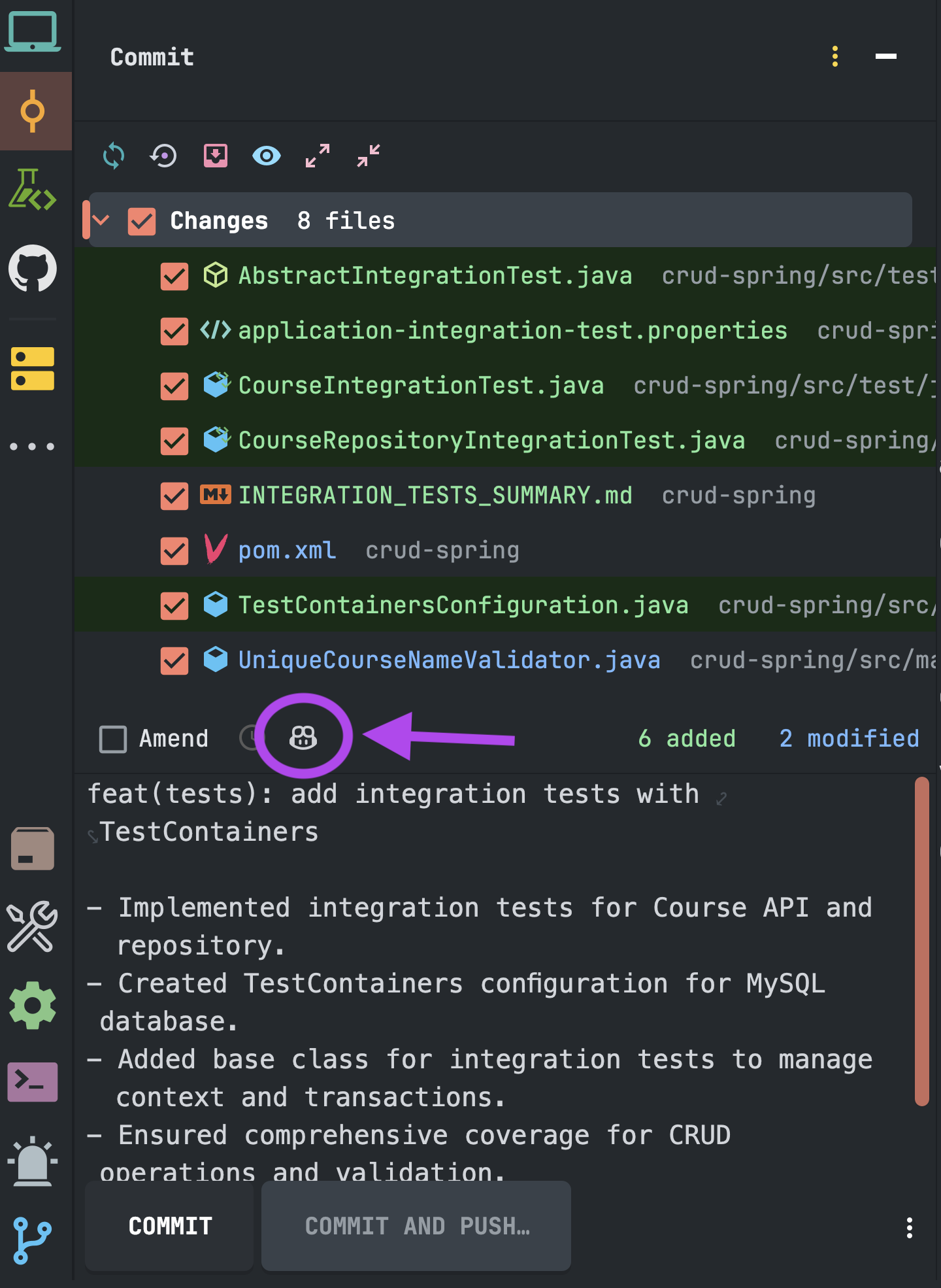 Captura de tela da mensagem de commit do IntelliJ Copilot