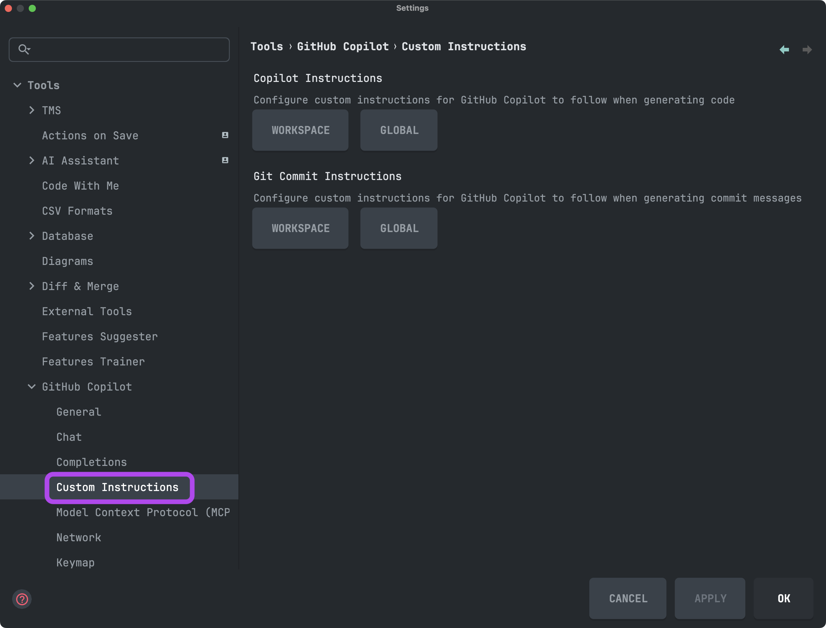 Captura de tela das instruções personalizadas do IntelliJ Copilot