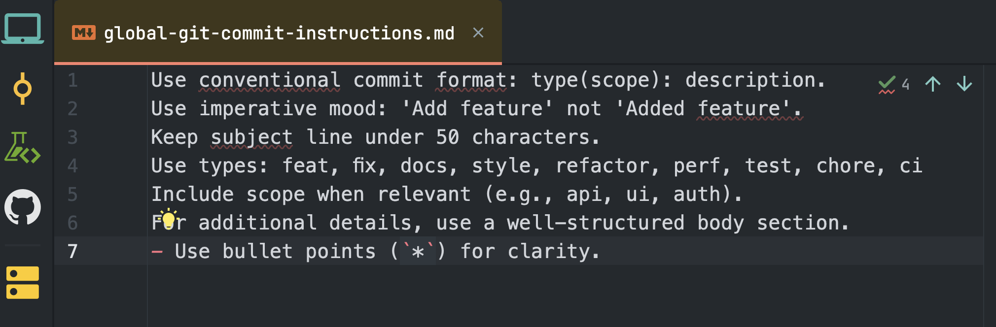 Captura de tela das instruções globais de commit do Git