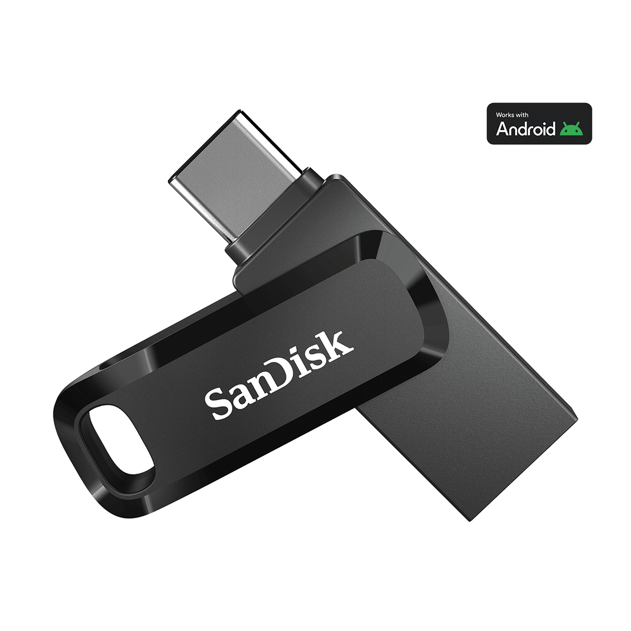 Siyah SanDisk Ultra Dual Drive Go USB belleğin döner koruması ve USB-C ucu